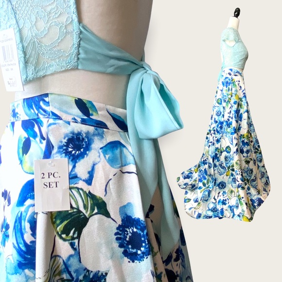 🆕 NWT B. Darlin’ 2-Piece Blue Ballgown Maxi Skirt Tie-Waist Crop Top Set Sz 5/6 - Picture 2 of 15